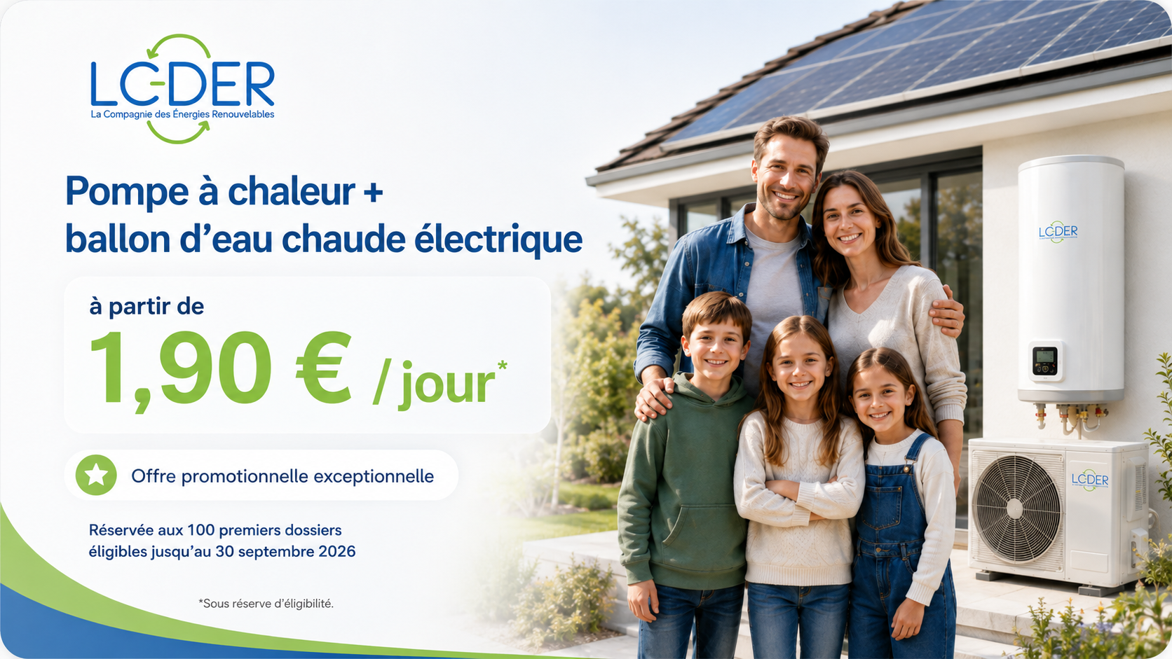 Pompe à chaleur + ballon d'eau chaude électrique à partir de 1,90 € par jour — offre LCDER