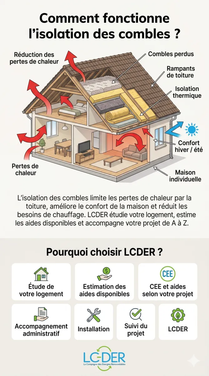 Schéma d'isolation des combles avec maison en coupe, combles perdus, rampants de toiture, isolant et réduction des pertes de chaleur
