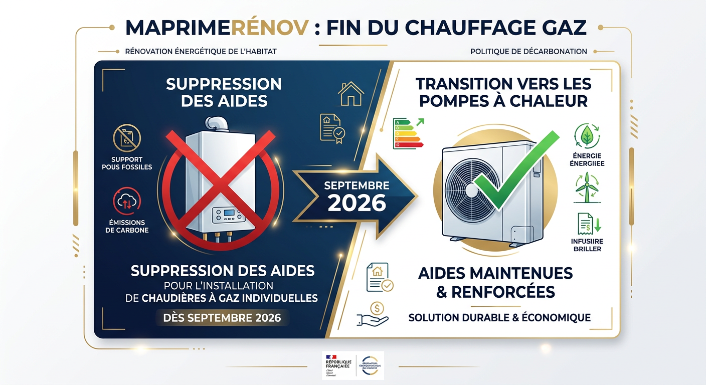 Infographie MaPrimeRenov fin du chauffage gaz septembre 2026